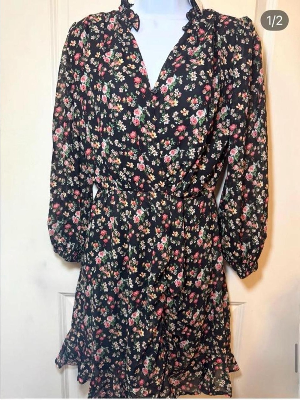 Women’s Black Floral Wrap Dress with Pink Rose Print